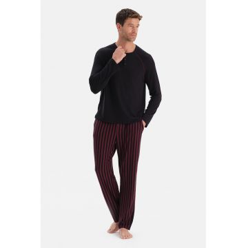 Pijama cu decolteu henley - Visiniu/Negru