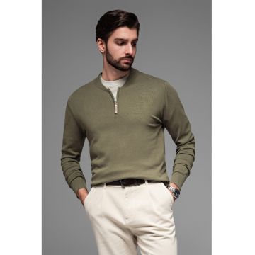 Pulover cu decolteu la baza gatului si fermoar scurt - Verde masliniu