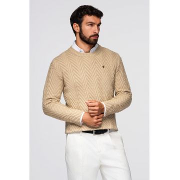 Pulover cu decolteu la baza gatului si model herringbone - Maro nisip