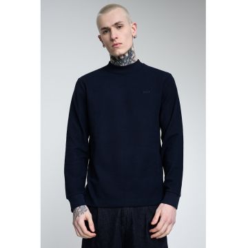 Pulover din bumbac cu decolteu la baza gatului - Bleumarin