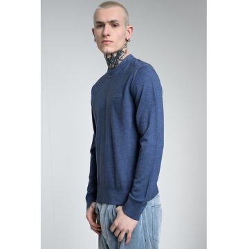 Pulover din lana virgina cu decolteu la baza gatului Astefo - Bleumarin