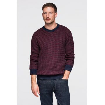 Pulover regular fit cu decolteu la baza gatului - Visiniu/Bleumarin