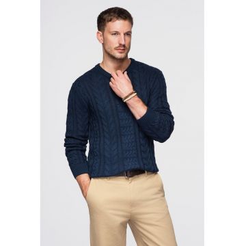 Pulover texturat cu decolteu rotund - Bleumarin