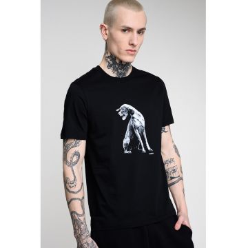 Tricou cu decolteu la baza gatului si imprimeu - Alb/Negru