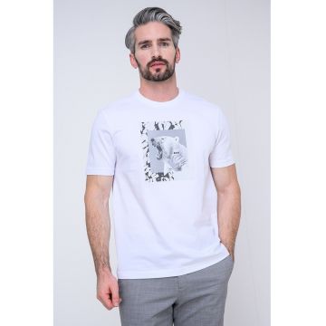 Tricou cu decolteu la baza gatului si imprimeu foto - Alb/Gri