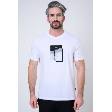 Tricou cu decolteu la baza gatului si imprimeu frontal - Alb optic/Negru