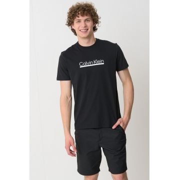 Tricou cu decolteu la baza gatului si imprimeu logo - Alb/Negru