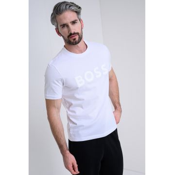 Tricou cu decolteu la baza gatului si imprimeu logo - Alb optic