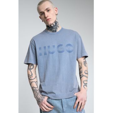 Tricou cu decolteu la baza gatului si imprimeu logo - Albastru inchis