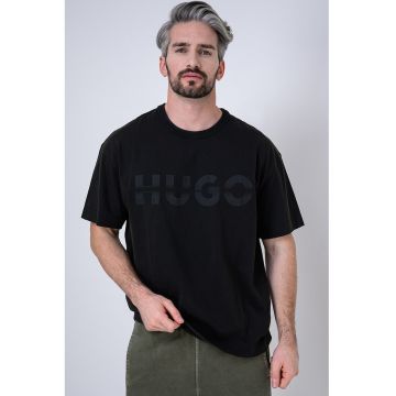 Tricou cu decolteu la baza gatului si imprimeu logo - Negru stins