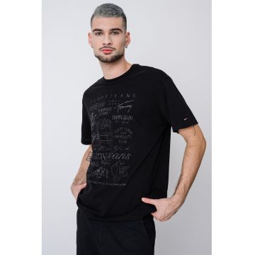 Tricou cu decolteu la baza gatului si imprimeu - Negru