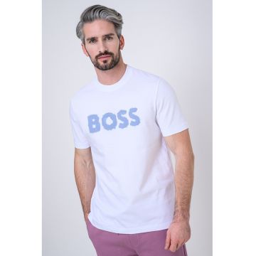 Tricou cu decolteu la baza gatului si logo - Albastru prafuit