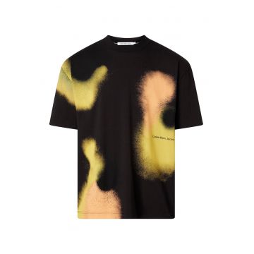 Tricou cu decolteu la baza gatului si model tie-dye - Negru/Galben/Portocaliu pal