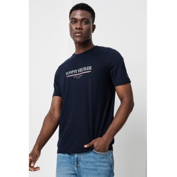 Tricou cu imprimeu logo si decolteu la baza gatului - Bleumarin