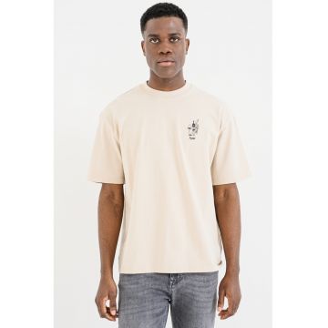 Tricou cu imprimeu si decolteu la baza gatului - Crem