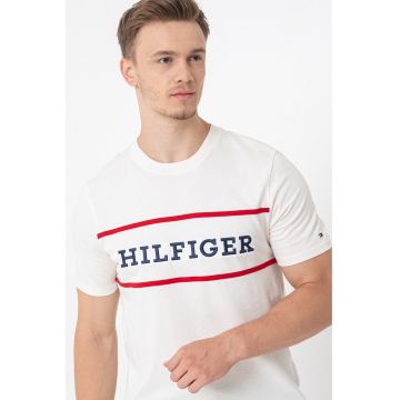 Tricou cu imprimeu si decolteu la baza gatului - Rosu/Albastru ultramarin/Crem