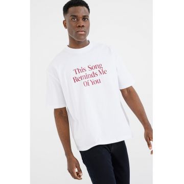 Tricou de bumbac cu imprimeu text - Visiniu/Alb optic