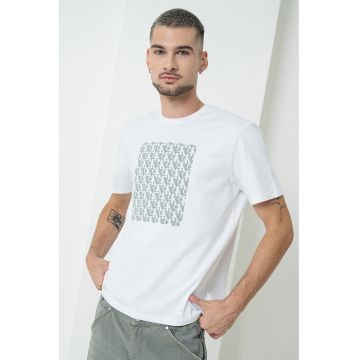 Tricou lejer din bumbac cu monograma - Alb/Gri cenusiu