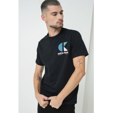 Tricou regular fit cu logo pe piept - Negru/Roz pal