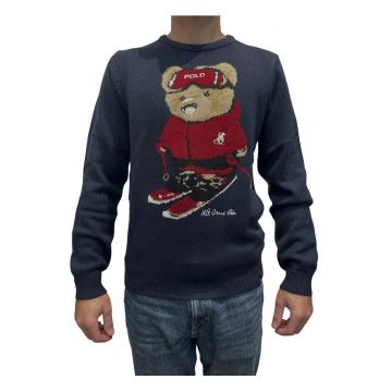 U.S. Grand POLO Pulover brodat - barbati cu imprimeu urs si decolteu la baza gatului - Bleumarin inchis