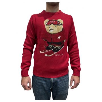U.S. Grand POLO Pulover brodat - barbati cu imprimeu urs si decolteu la baza gatului - Rosu