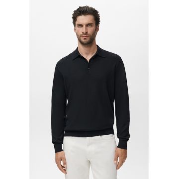 Bluza polo din lana tricotata fin - Negru