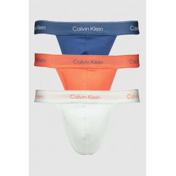 Chiloti tanga cu logo - 3 perechi - Albastru inchis/Portocaliu deschis/Alb murdar