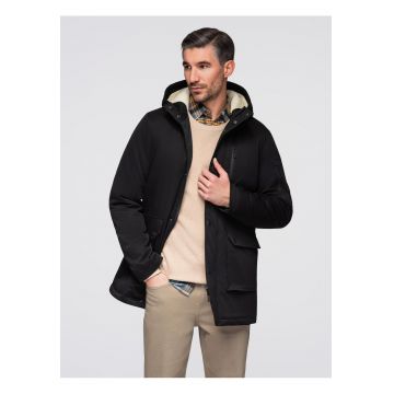 Geaca lunga tip parka in stil sherpa  OM-JAPJ-0316 - Negru