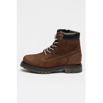 Ghete din piele intoarsa si piele - Maro cognac