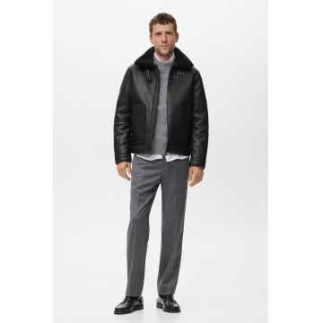 Jacheta din fleece de piele sintetica - Negru