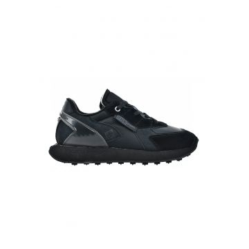 Pantofi sport de piele si piele intoarsa cu logo - Negru/Gri carbune