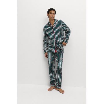 Pijama din bumbac cu pantaloni lungi si model tematic de Craciun - Bleumarin