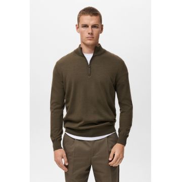 Pulover din lana cu fenta cu fermoar - Verde masliniu