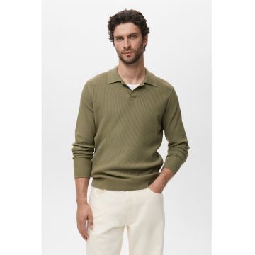 Pulover polo striat din amestec de bumbac - Verde masliniu