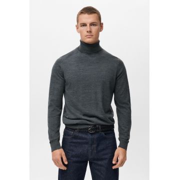 Pulover tricotat fin din lana cu guler inalt - Gri inchis melange