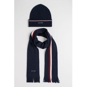 Set de caciula si fular din amestec de lana cu logo - Visiniu/Bleumarin