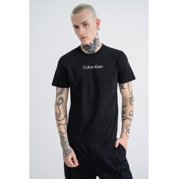 Tricou cu decolteu la baza gatului si imprimeu logo - Negru/Alb optic