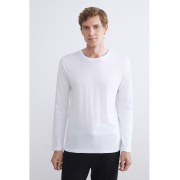 Bluza de pijama din amestec de bumbac cu decolteu la baza gatulu - Alb