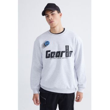 Bluza de trening cu decolteu la baza gatului si imprimeu - Gri deschis melange/Negru