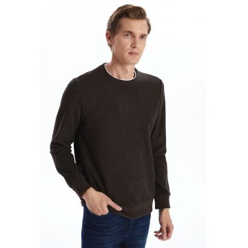 Bluza de trening cu decolteu la baza gatului si model uni - Maro inchis melange