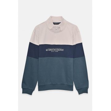 Bluza de trening cu guler si fermoar scurt - Albastru petrol/Bej deschis