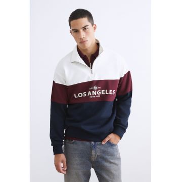 Bluza de trening din amestec de bumbac cu fenta cu fermoar - Alb/Visiniu/Bleumarin