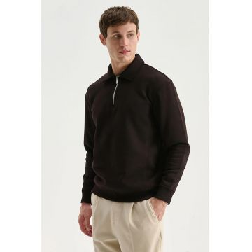 Bluza de trening polo cu fenta scurta cu fermoar - Maro inchis