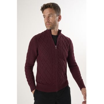 Cardigan cu fermoar si model torsade - Rosu inchis