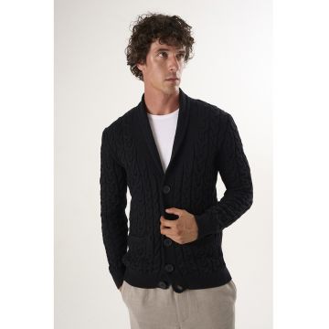 Cardigan din bumbac cu model torsade si nasturi - Negru
