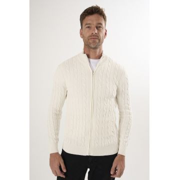 Cardigan uni de bumbac cu fermoar - Alb murdar
