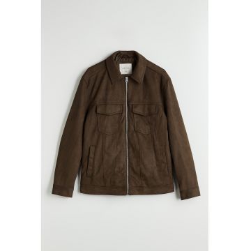 Jacheta slim fit de piele intoarsa ecologica cu guler clasic - Maro inchis