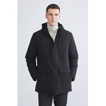 Palton cu model uni si gluga - Negru