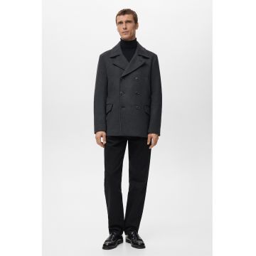 Palton scurt din amestec de lana cu doua randuri de nasturi - Gri inchis