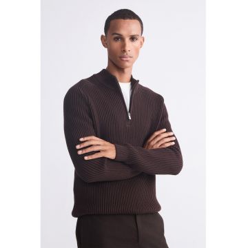 Pulover de amestec de bumbac cu fenta cu fermoar scurt - Maro